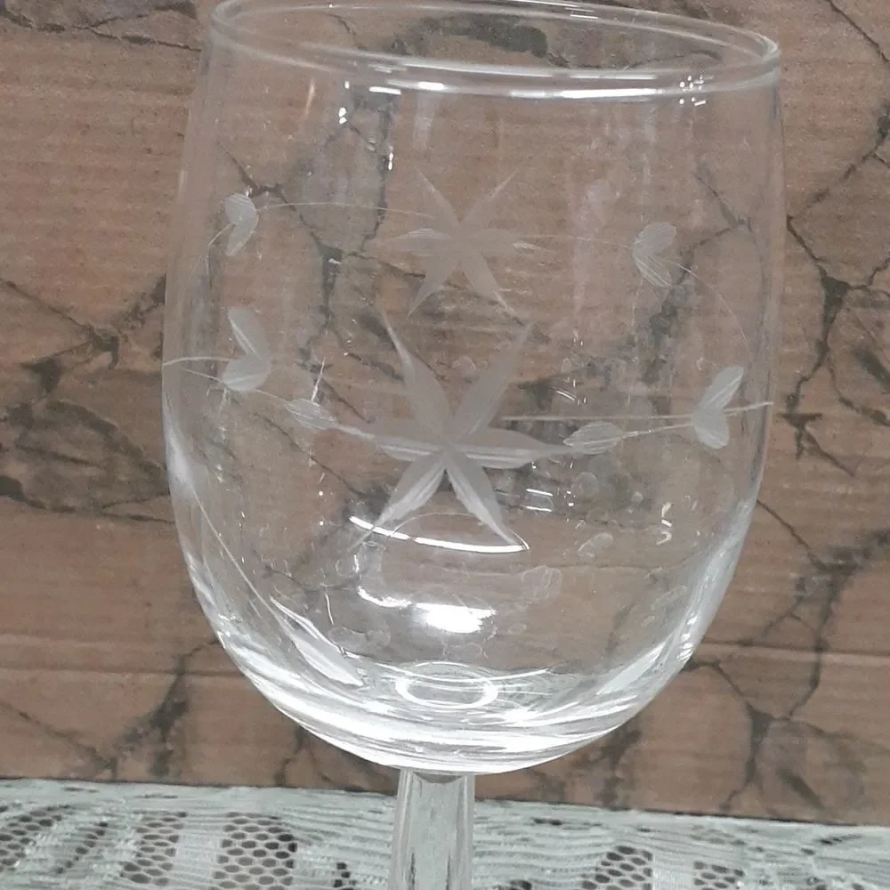 Glass decanter &‎ 3 pc MCM Starflower stemware collection,Vintage Etched Crystal